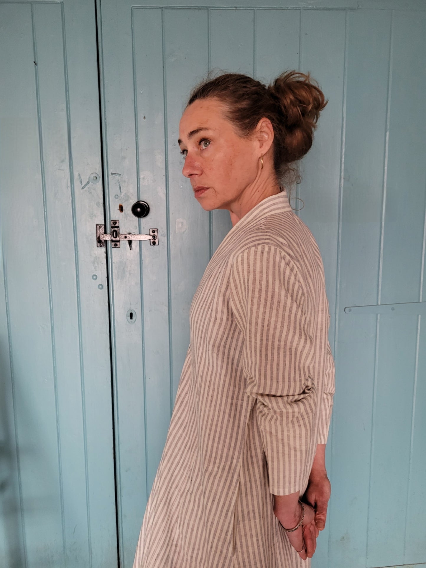 White Esme Dress with black ticking stripe