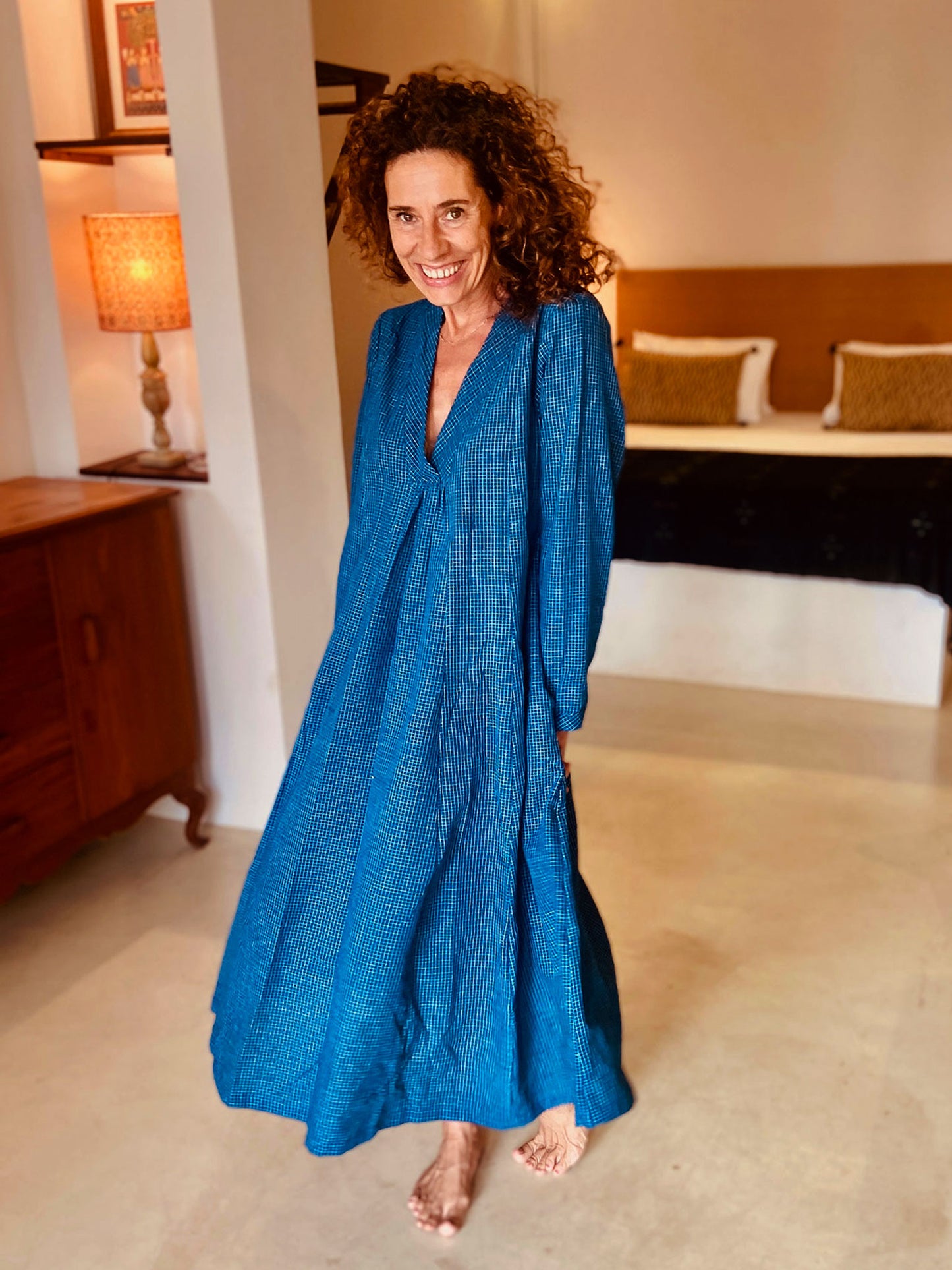 Blue Esme Dress with fine white check