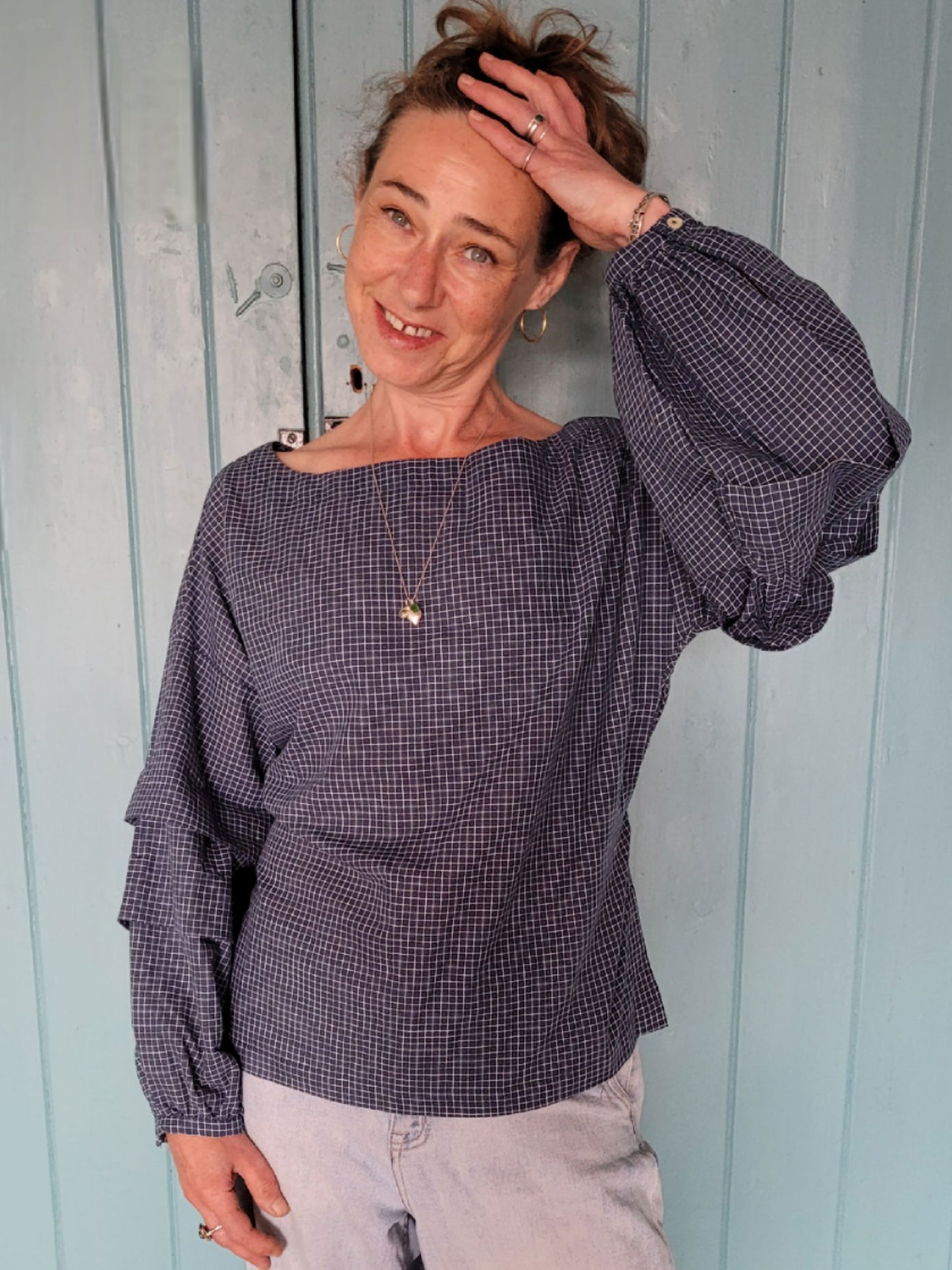 Isabella Top - Blue with fine white check