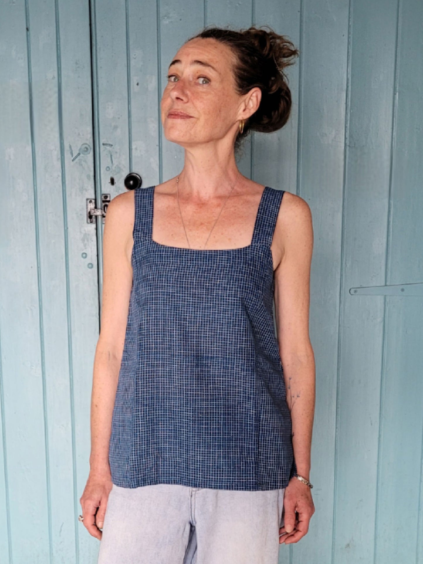 Blue Square Neck Top with fine white check