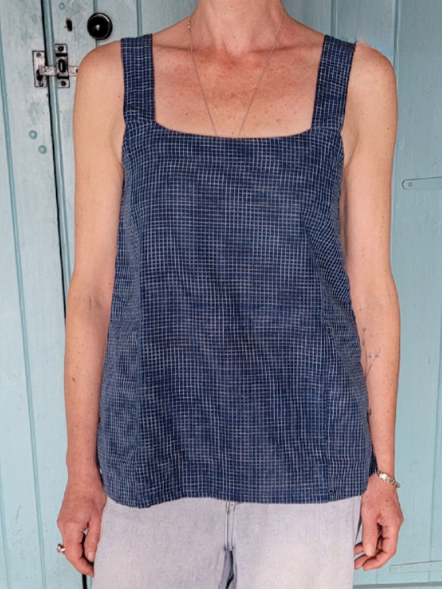 Blue Square Neck Top with fine white check