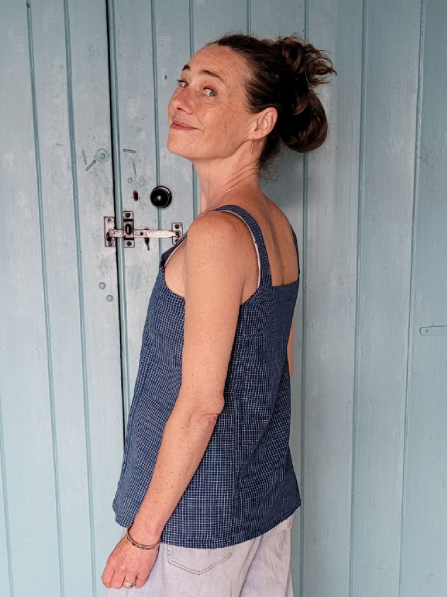 Blue Square Neck Top with fine white check