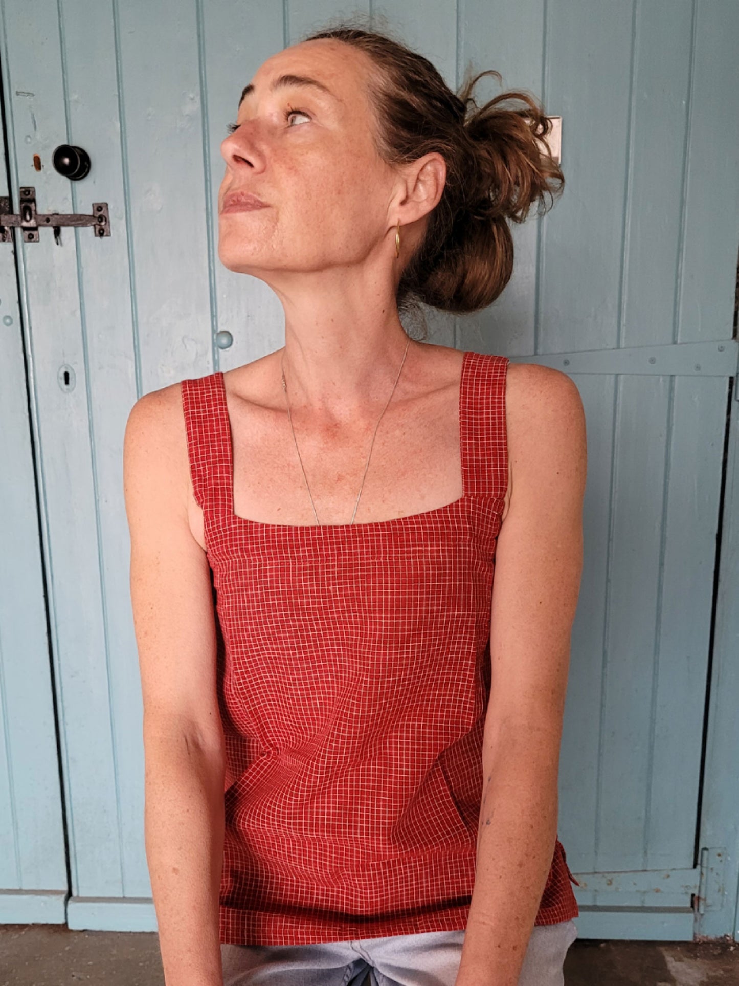 Red Square Neck Top with fine white check