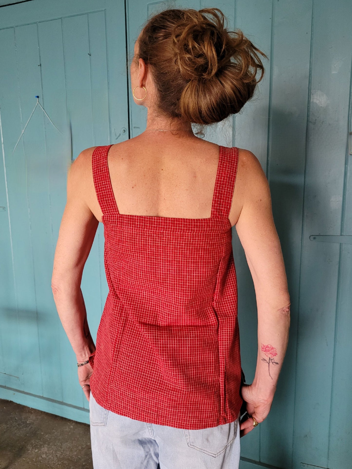 Red Square Neck Top with fine white check