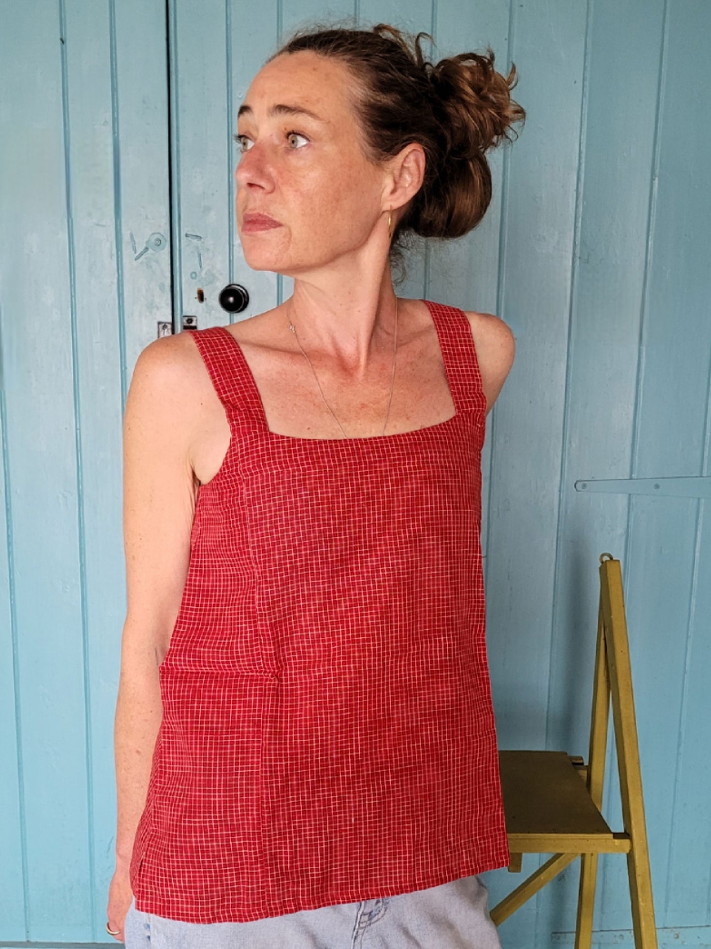 Red Square Neck Top with fine white check