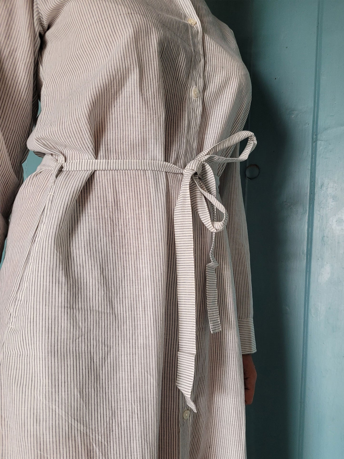 White Tallentire Shirt Dress with a fine black stripe