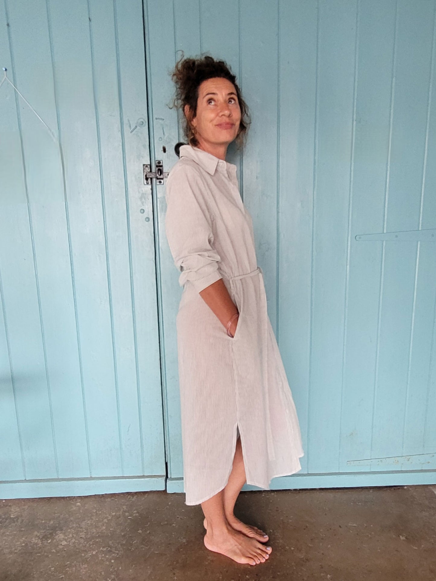 White Tallentire Shirt Dress with a fine black stripe