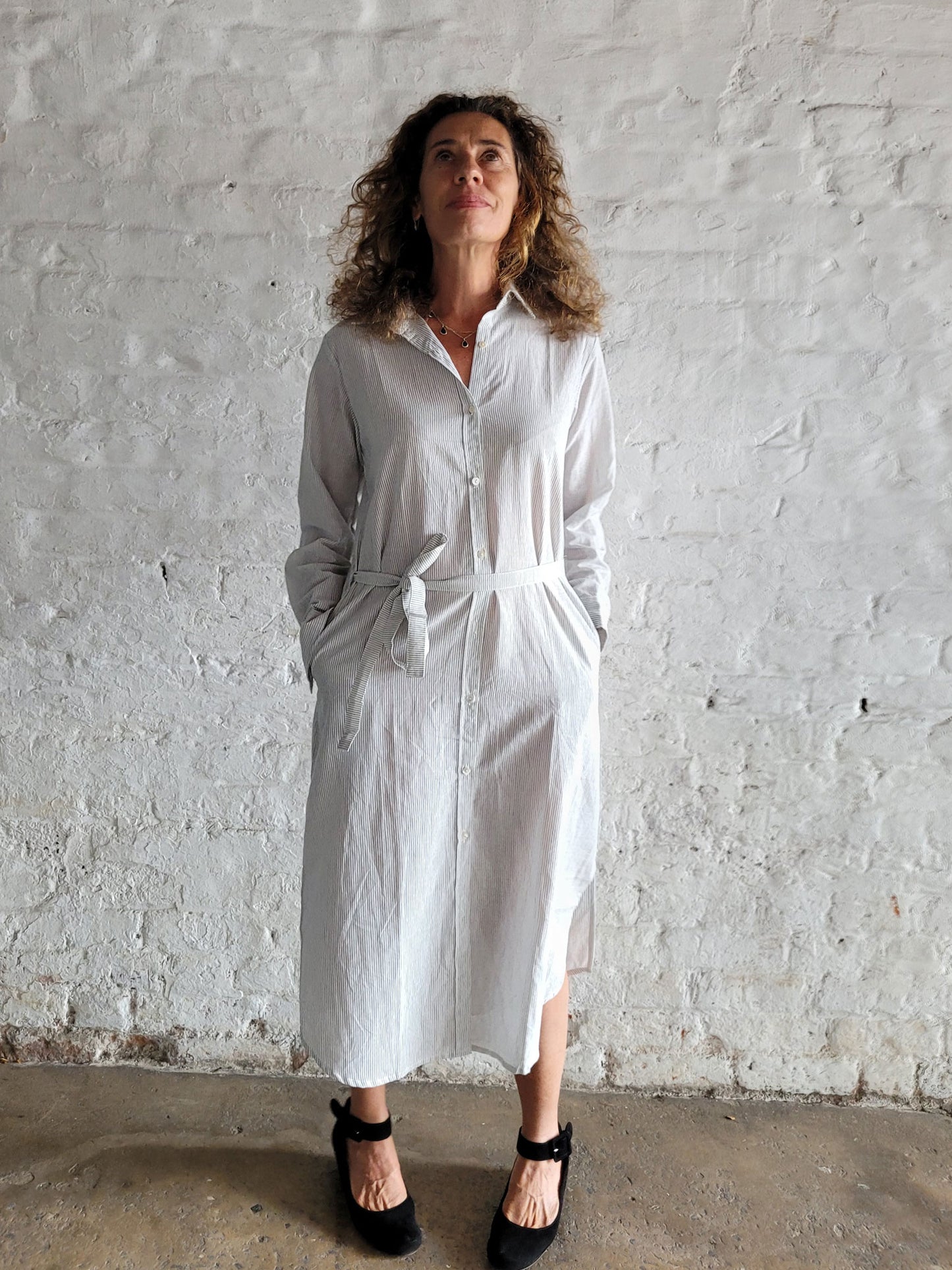 White Tallentire Shirt Dress with a fine black stripe