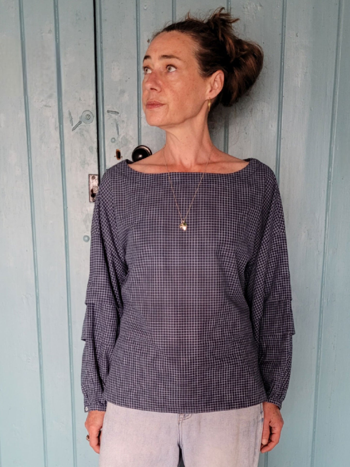Isabella Top - Blue with fine white check