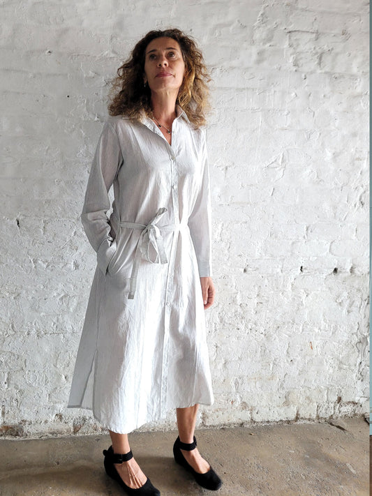 White Tallentire Shirt Dress with a fine black stripe